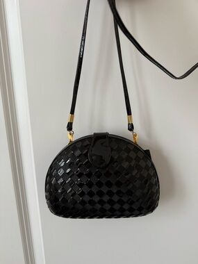 Vintage 1980's Small Black Woven Patent Leather Clutch Box Bag Crossbody Strap
